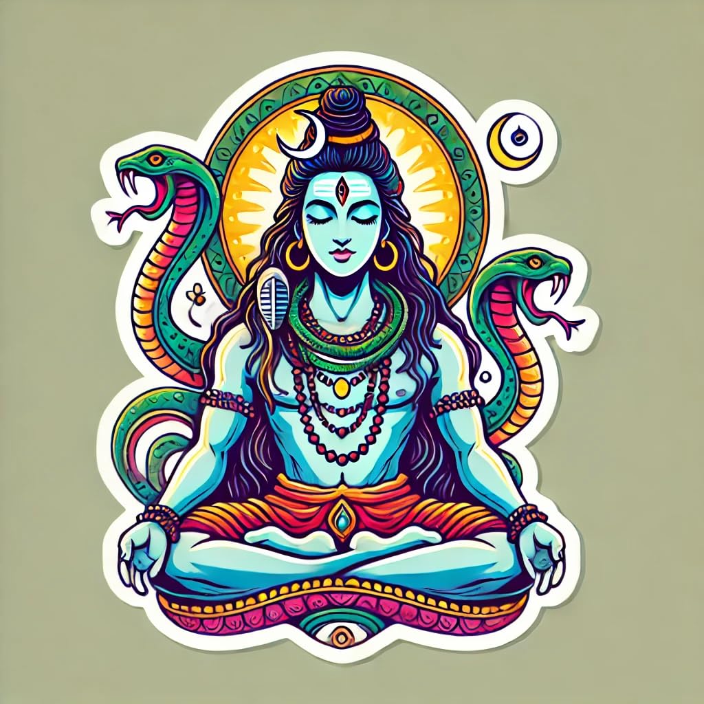 Vinyl sticker: Shiva Hindu God with two snakes Meditation Sticker with Vibrant Colors for Laptop, Wall, Car, Window, Bumper, Decal, Truck, Waterproof, Auto, Water Bottle
