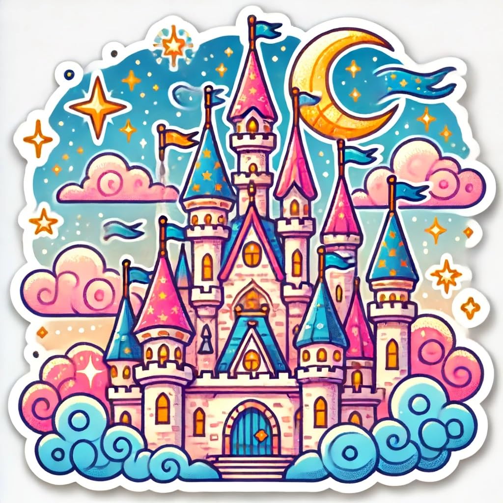 Vinyl sticker: Fantasy Castle with Turrets and Flags Sticker Decal for Laptop, Wall, Car, Window, Bumper, Truck, Waterproof Auto, Water Bottle