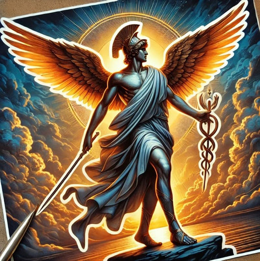 Vinyl sticker: Sunset Hermes Sticker – Waterproof Vinyl Decal for Laptop, Wall, Car, Window, Bumper, Truck, Auto, Water Bottle