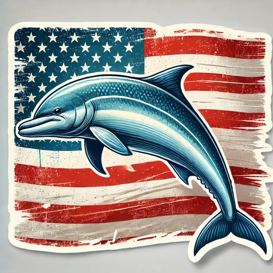 Vinyl sticker: Tattered Blue American Flag Background Dorado Fish Sticker Decal - Perfect for Car, Truck, Wall, Laptop, Window, Bumper, Water Bottle, and More. This sticker a dorado fish in natural colors. (4)