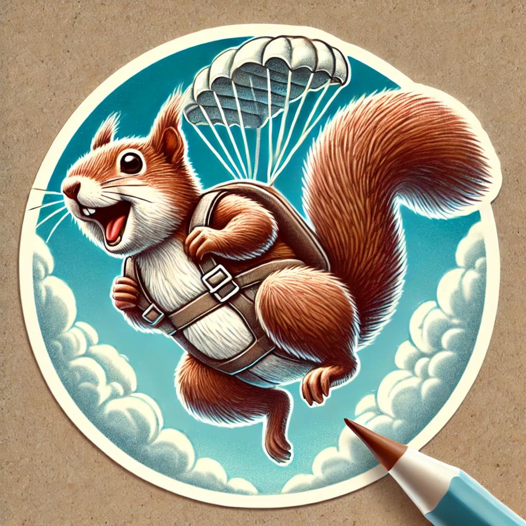 Vinyl sticker: Nostalgic 1970s Skydiving Squirrel Laptop Wall Car Window Bumper Sticker Decal - Pencil Drawn Parachuting Design - Waterproof and Durable for Auto, Truck, Water Bottle, More