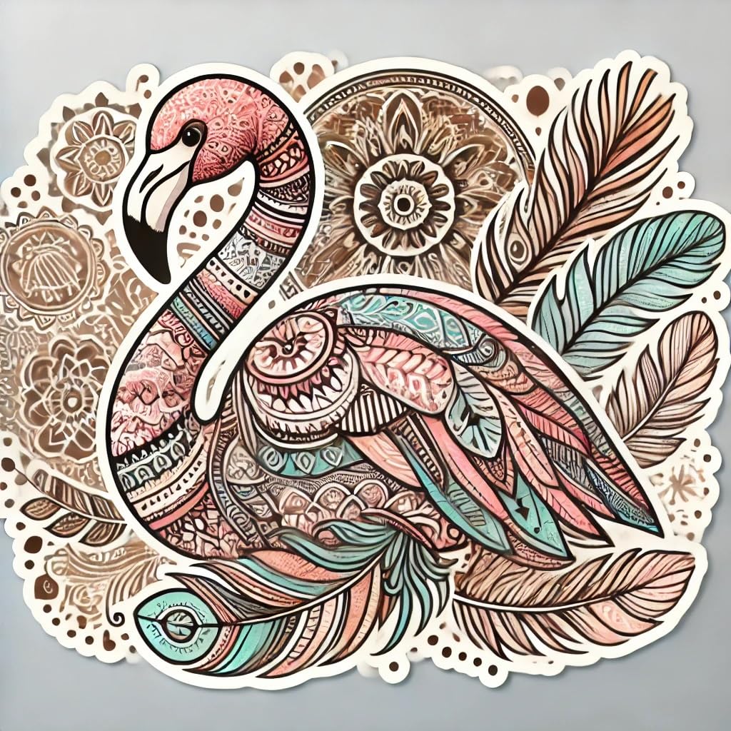Vinyl sticker: Boho Flamingo Decal Sticker for Laptop, Wall, Car, Window, Bumper, Truck, Waterproof Auto, and Water Bottle - Intricate Feathers and Mandalas Design