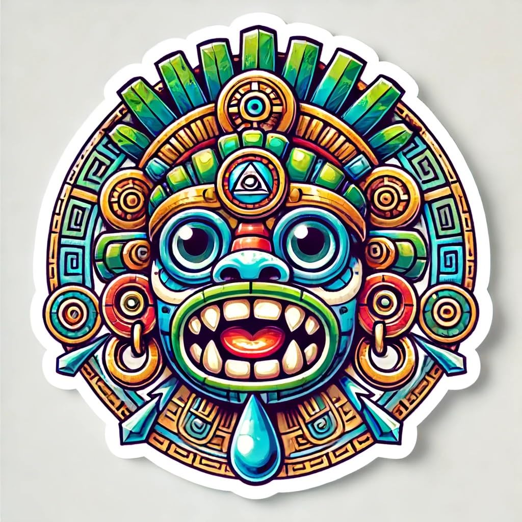 Vinyl sticker: Aztec Tlaloc God of Rain Sticker - Vibrant Design with Goggle Eyes and Headdress for Laptop, Wall, Car, Window, Bumper, Waterproof Decal for Truck, Auto, Water Bottle