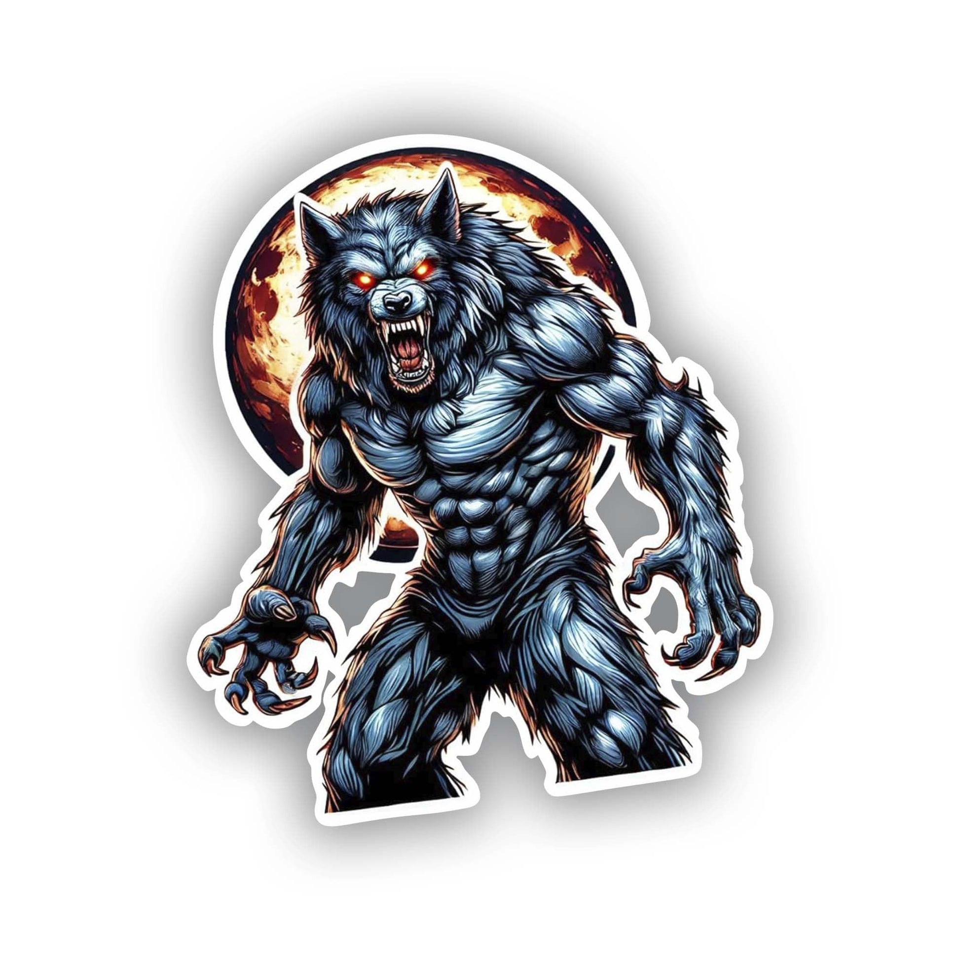 Vinyl sticker: Terrifying Powerful Fierce Werewolf Sticker for Laptop, Wall, Car, Window, Bumper, Truck - Waterproof Vinyl Decal with Intense Glowing Eyes and Dark Blue Fur