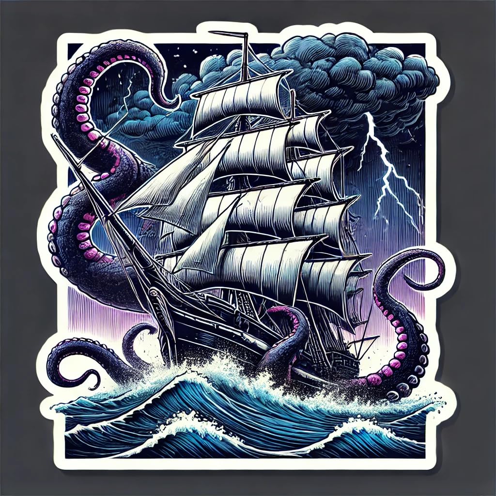 Vinyl sticker: Stormy Kraken and Sailing Ship Battle Sticker - Waterproof Vinyl Decal for Laptop, Car, Wall, Window, Bumper, Truck, and Water Bottle (6)
