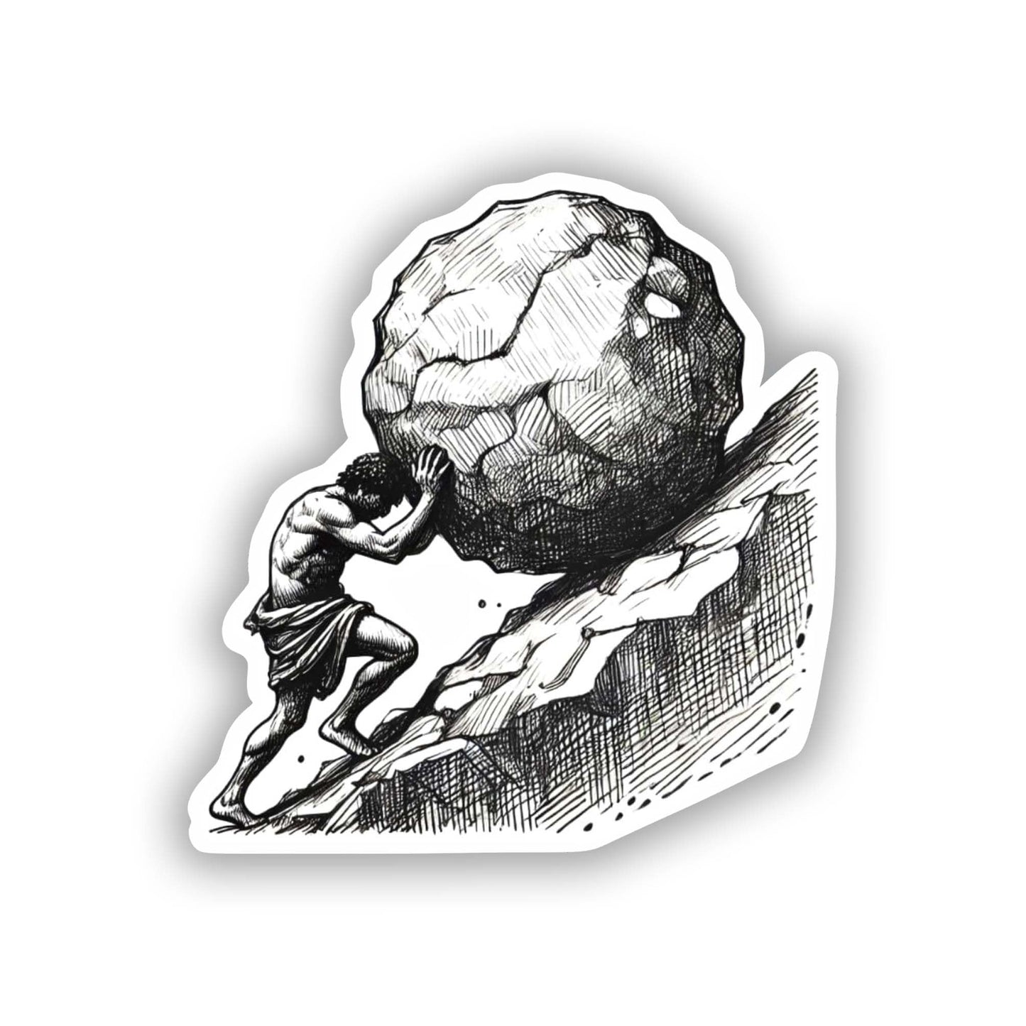 Vinyl sticker: Waterproof Pencil-Drawn Sisyphus and Boulder Sticker for Laptop, Wall, Car, Window, Bumper, Truck, and Water Bottle Decal