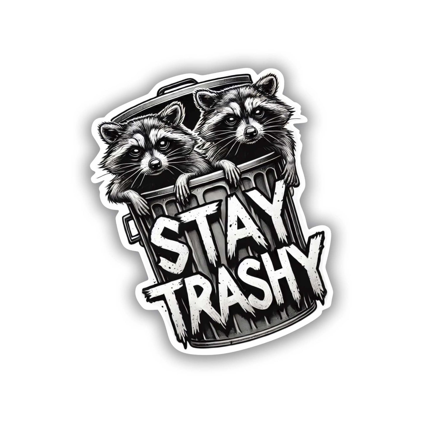 Vinyl sticker: Full-Length Two Raccoons Sticker Climbing Out of Trash Cans for Laptop, Wall, Car, Window, Bumper - Stay Trashy Decal for Truck, Waterproof Auto, Water Bottle - Detailed Monochrome Design (4)