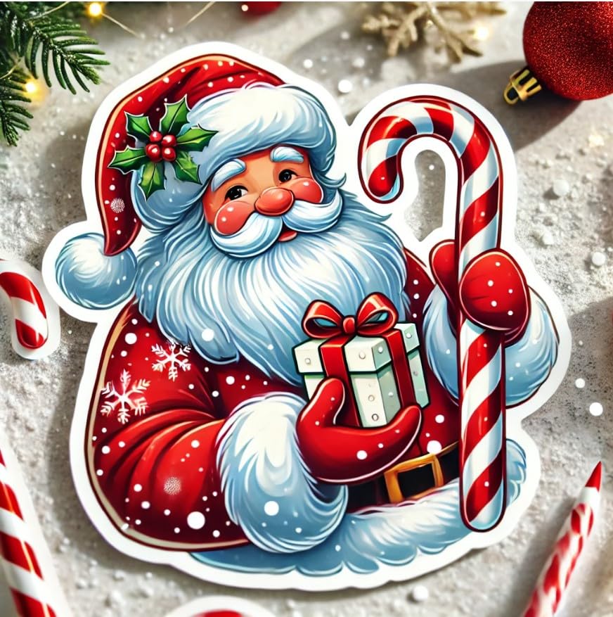 Vinyl sticker: Santa Claus with Gift and Candy Cane Christmas Sticker for Laptop, Wall, Car Window, Bumper, Truck, Waterproof Holiday Decal for Water Bottles, Auto Décor