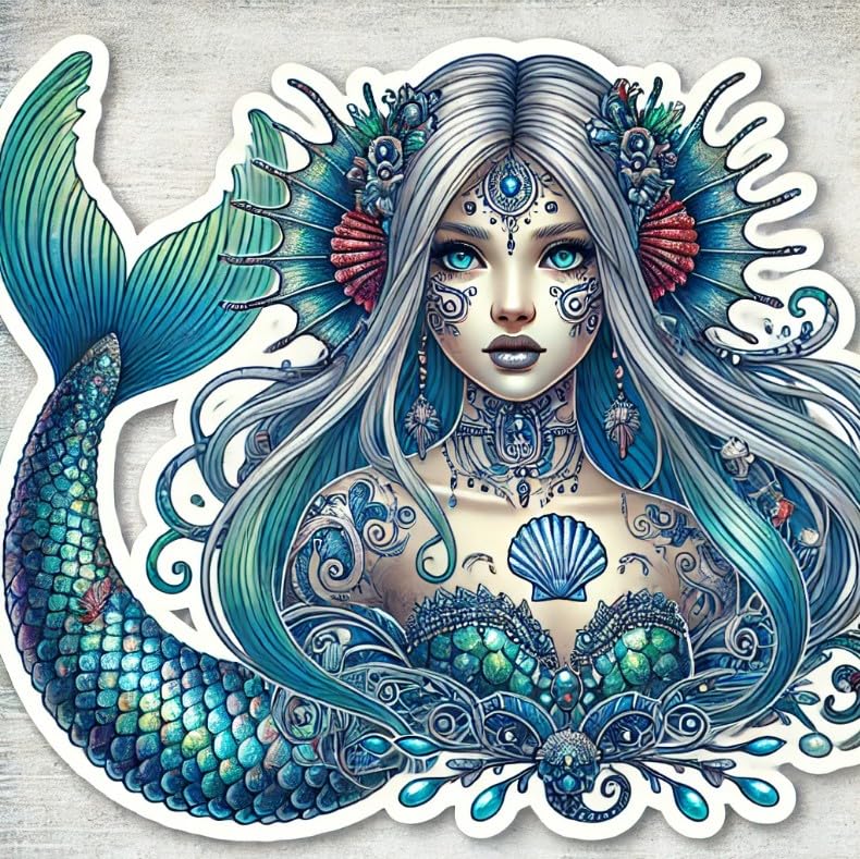Vinyl sticker: Mystical Mermaid Laptop Wall Car Window Bumper Sticker Decal - Blue Silver Hair, Shimmering Scales, Ocean Tattoos, Waterproof, Auto, Water Bottle Decor