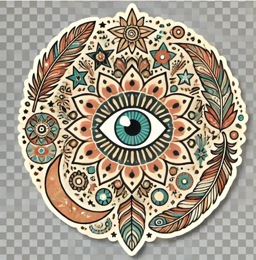 Vinyl sticker: Boho Eye Art Sticker for Laptop, Wall, Car Window & Bumper – Mystical Design with Feathers and Stars, Waterproof Vinyl for Car, Water Bottle, Auto and Truck