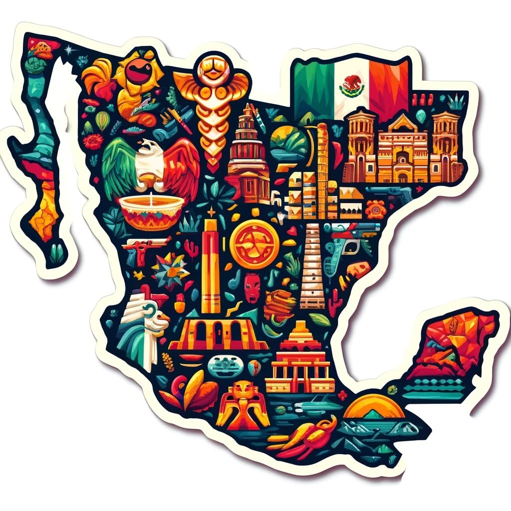 Vinyl sticker: Vibrant Mexican States Sticker: Colorful Collage of Mexico's Cultural Landmarks