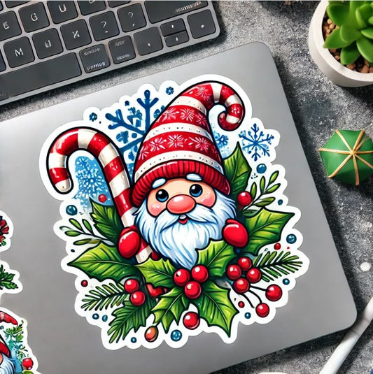 Vinyl sticker: Candy Cane Gnome Sticker for Laptop, Wall, Car, Window, Bumper, Waterproof Decal for Trucks, Water Bottles, and Holiday Decor