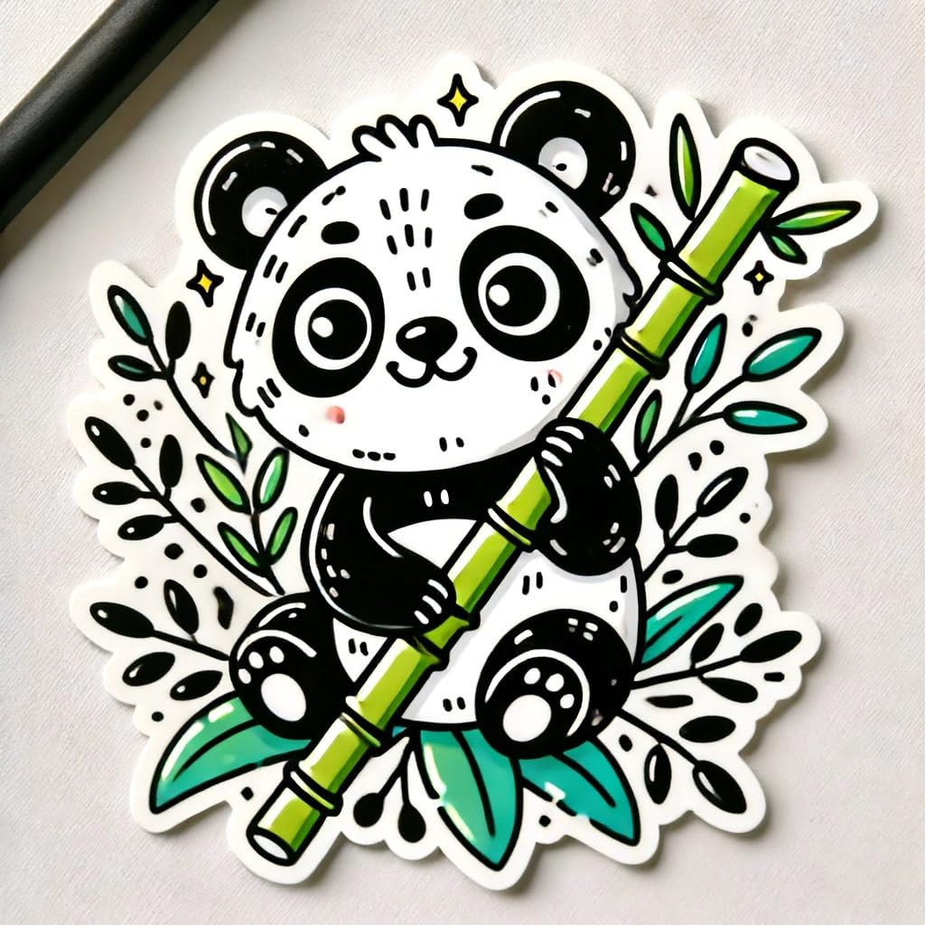 Vinyl sticker: Cute Panda Holding Bamboo Sticker Decal for Laptop, Wall, Car, Window, Bumper, Truck, Waterproof Auto, Water Bottle