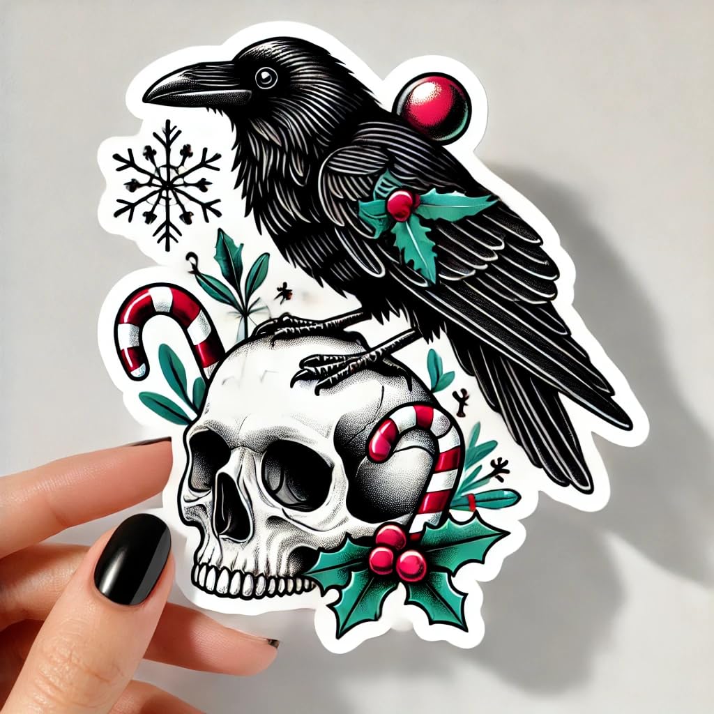 Vinyl sticker: Christmas Raven Crow on Skull Laptop Wall Car Window Bumper Sticker Decal Truck Waterproof Auto Water Bottle (6)