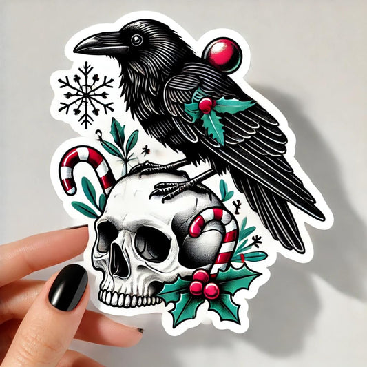 Vinyl sticker: Christmas Raven Crow on Skull Laptop Wall Car Window Bumper Sticker Decal Truck Waterproof Auto Water Bottle (6)