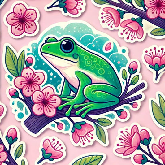 Vinyl sticker: Spring Frog with Delicate Pink Flowers Sticker Decal with Cherry Blossoms for Laptop, Wall, Car, Window, Bumper, Truck, Water Bottle - Durable Vinyl Sticker for Auto and Home Decor