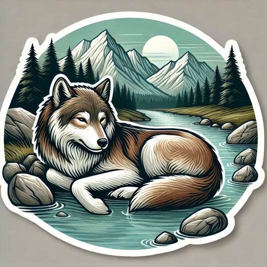 Vinyl sticker: Relaxing Wolf Waterproof Sticker for Laptop Wall Car Window Bumper Decal Truck Auto Water Bottle – Mountain Stream Wildlife Art