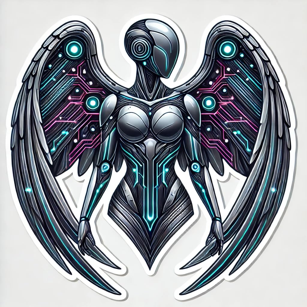 Vinyl sticker: Laptop Wall Car Window Bumper Sticker Decal Truck Waterproof Auto Water Bottle – Futuristic Angel with Holographic Metallic Wings and Neon Lights Design