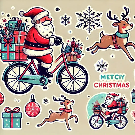 Vinyl sticker: Santa Claus with Reindeer on Bicycle Festive Design