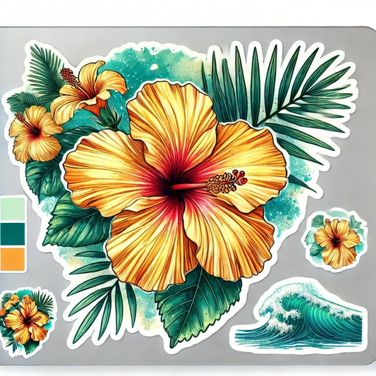 Vinyl sticker: Car Window Waterproof Laptop Bumper Sticker Decal - Artistic Yellow Hibiscus brackenridgei with Ocean Blue Waves and Palm Leaf Accents (4)