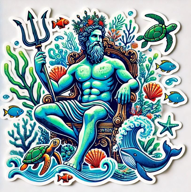 Vinyl sticker: Poseidon Sticker with Coral Throne and Marine Creatures for Laptop, Car, Water Bottle, Waterproof Vinyl Decal for Auto, Truck, and Wall Decoration