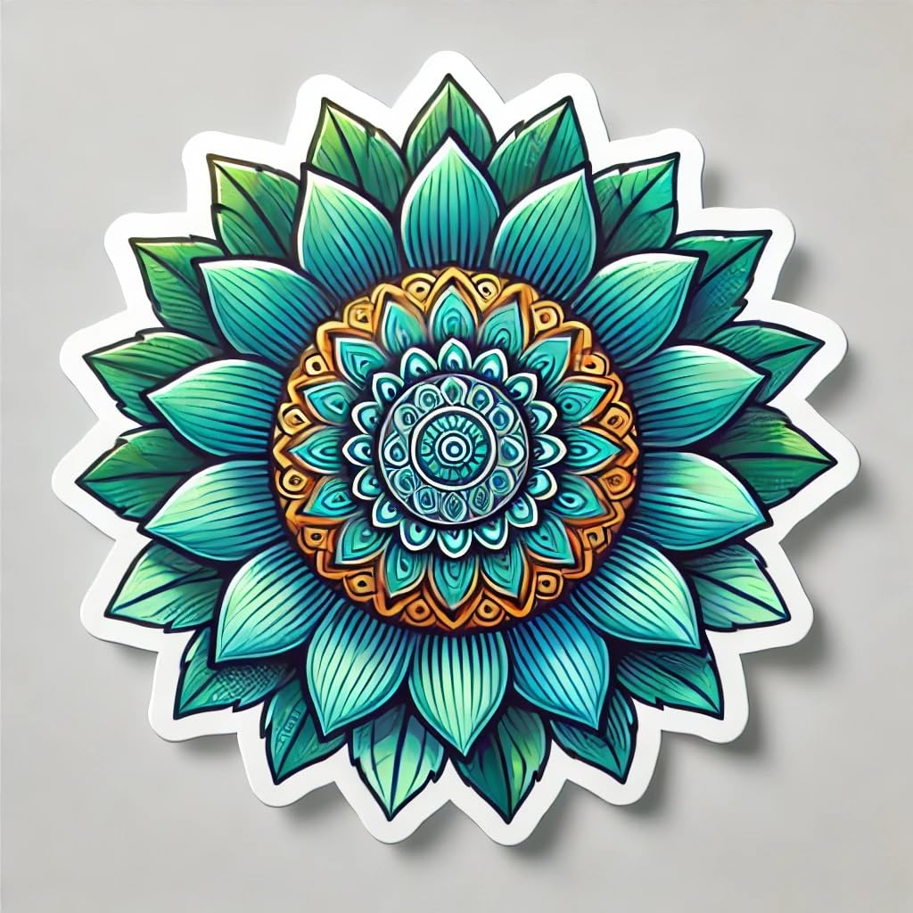 Vinyl sticker: Turquoise Sunflower Sticker for Laptop, Wall, Car, Window, Bumper, Water Bottle - Vibrant Decal with Mandala Center - Waterproof and Durable