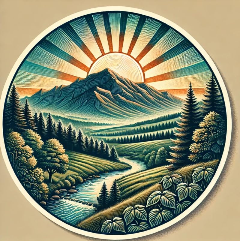 Vinyl sticker: Round Mountain Sunrise Landscape Sticker - Natural Scenery Decal for Laptop, Wall, Car, Window, Bumper, Truck, Waterproof Auto, Water Bottle Decor