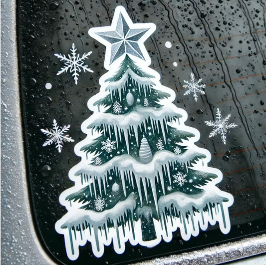 Vinyl sticker: Snowy Christmas Tree Sticker with Icicles and Silver Star for Laptop, Wall, Car, Window, Bumper, Decal, Truck, Waterproof Auto, and Water Bottle