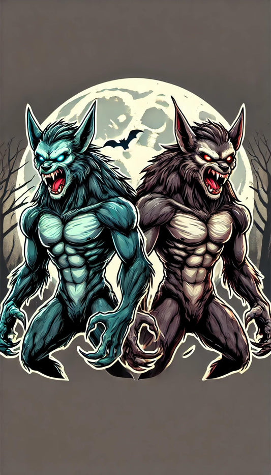 Vinyl sticker: Two Hybrid Vampire-Werewolf Sticker for Laptop, Wall, Car, Window, Bumper, Truck - Fierce and Supernatural Design with Full Moon and Eerie Forest