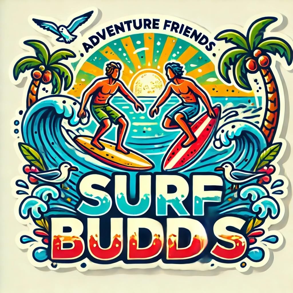 Vinyl sticker: Surf Buddies Sticker for Laptop, Car, Wall, Window, and Water Bottle – Vibrant Adventure Friends Surfing Decal