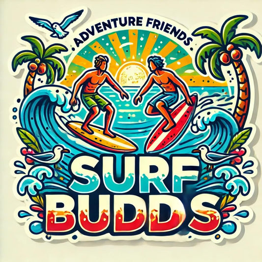 Vinyl sticker: Surf Buddies Sticker for Laptop, Car, Wall, Window, and Water Bottle – Vibrant Adventure Friends Surfing Decal