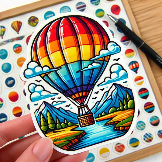 Vinyl sticker: Colorful Hot Air Balloon Over Scenic Landscape Sticker Decal for Laptop, Wall, Car, Window, Bumper, Truck, Waterproof Auto, Water Bottle