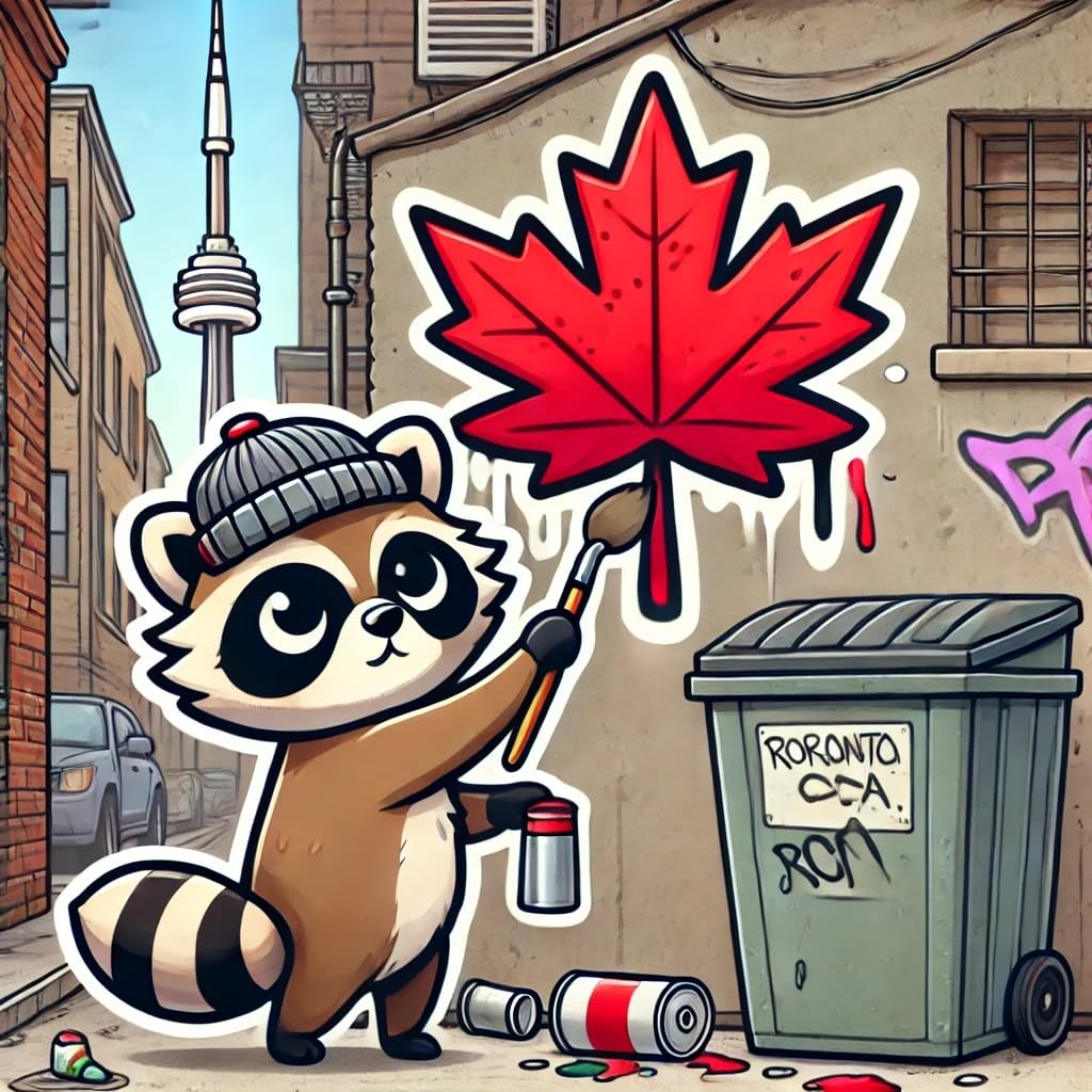 Vinyl sticker: Laptop Wall Car Window Bumper Sticker Decal Truck Waterproof Auto Water Bottle Toronto Trash Panda Raccoon Graffiti Artist Painting Maple Leaf on Alley Wall with CN Tower (6)