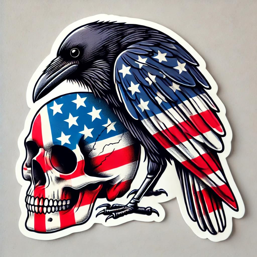 Vinyl sticker: USA Flag Raven Crow on Skull Laptop Wall Car Window Bumper Sticker Decal Truck Waterproof Auto Water Bottle