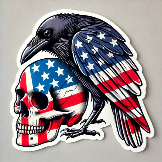 Vinyl sticker: USA Flag Raven Crow on Skull Laptop Wall Car Window Bumper Sticker Decal Truck Waterproof Auto Water Bottle