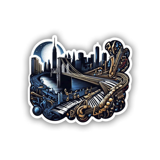 Vinyl sticker: Brooklyn Bridge to NYC Jazz Sticker - Urban Architecture and Music Decal for Laptops, Cars, Notebooks