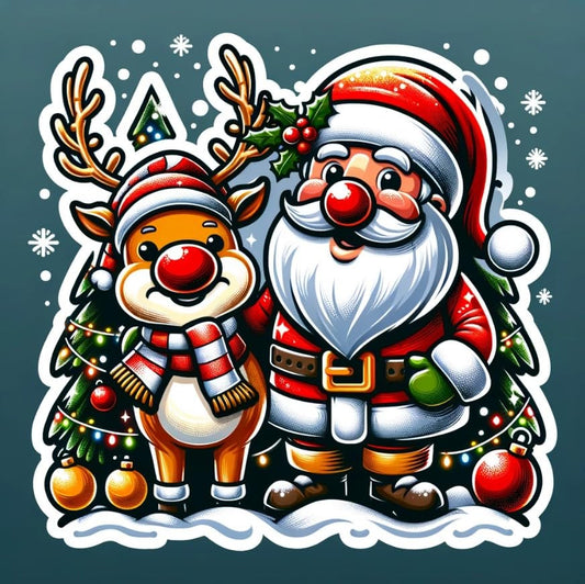 Vinyl sticker: Santa Claus with Reindeer and Christmas Lights Design