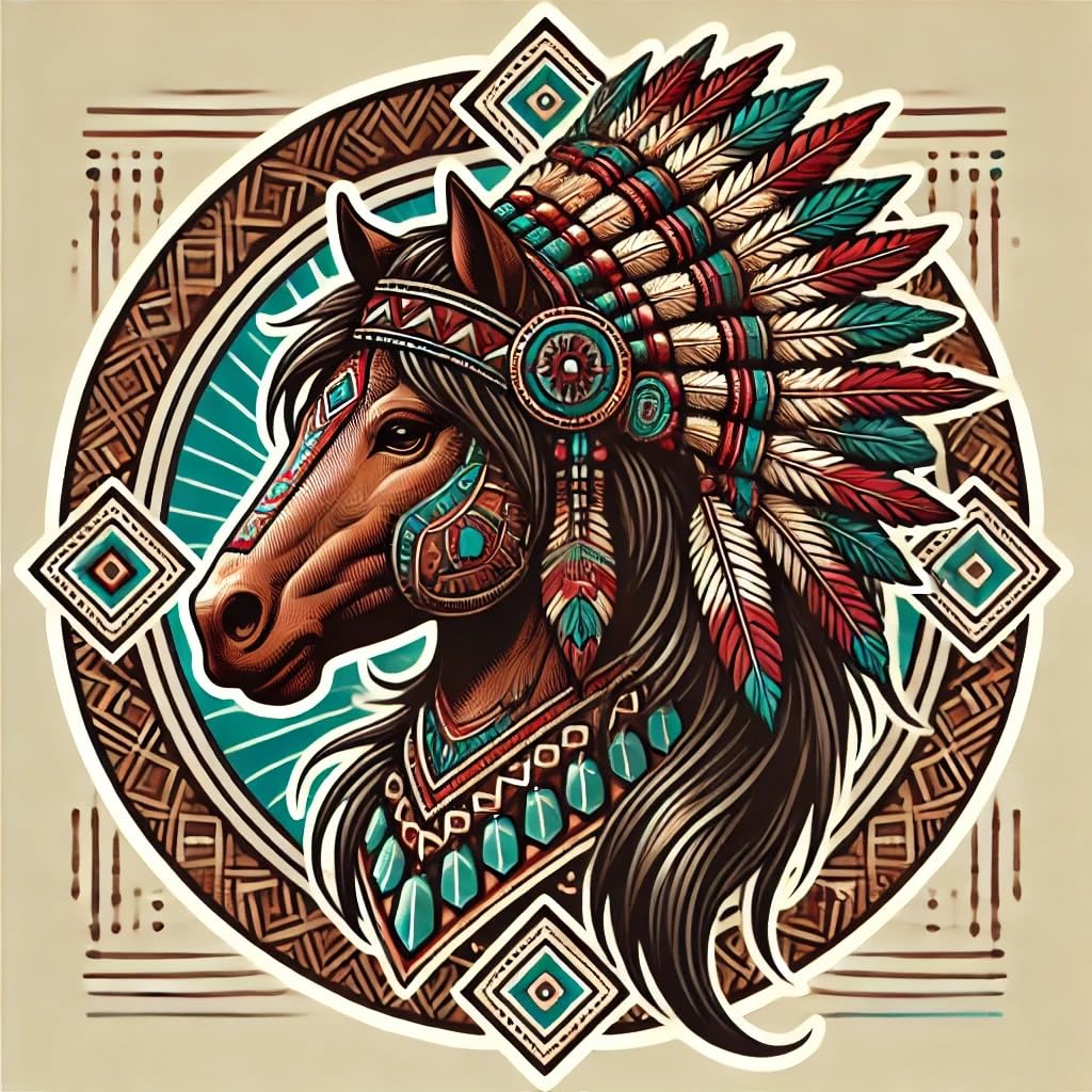 Vinyl sticker: Indian-Style Tribal Horse with Feathered Headdress Vinyl Sticker for Laptop Wall Car Window Bumper Truck Waterproof Auto Water Bottle