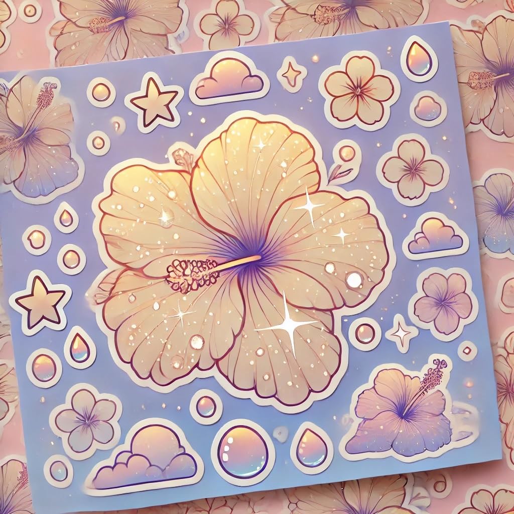 Vinyl sticker: Laptop Car Window Waterproof Wall Bumper Sticker Decal - Fantasy Hibiscus brackenridgei with Glowing Petals, Stars, and Soft Cloudy Pastel Background (6)