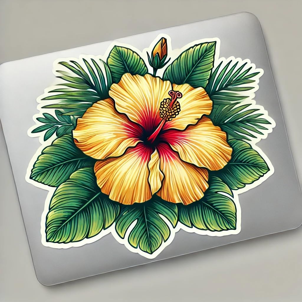Vinyl sticker: Waterproof Laptop Wall Car Window Bumper Sticker Decal - Detailed Hibiscus brackenridgei Flower with Green Tropical Leaves and Red Center Bloom