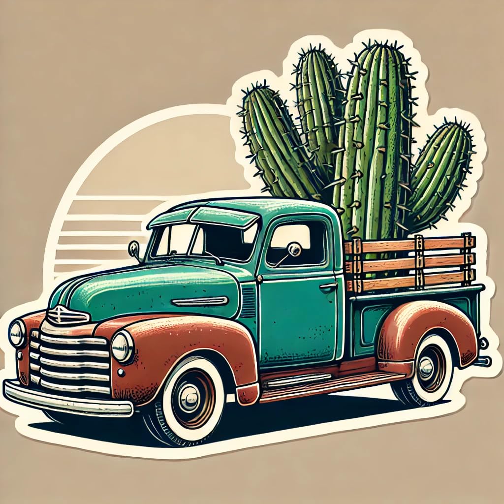 Vinyl sticker: Retro Truck Cactus Sticker Decal - Vintage Vehicle Design for Laptop, Wall, Car, Window, Bumper, Truck - Waterproof, Durable, Auto, and Water Bottle Decal (4)