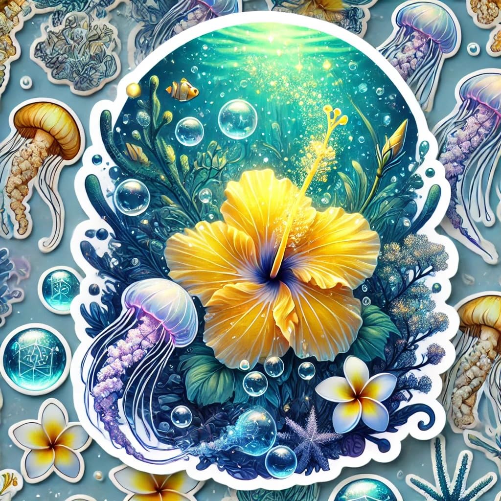 Vinyl sticker: Bumper Window Car Laptop Waterproof Wall Sticker Decal - Fantasy Hibiscus brackenridgei Guardian Flower in Glowing Armor with Runes and Light Swords (6)