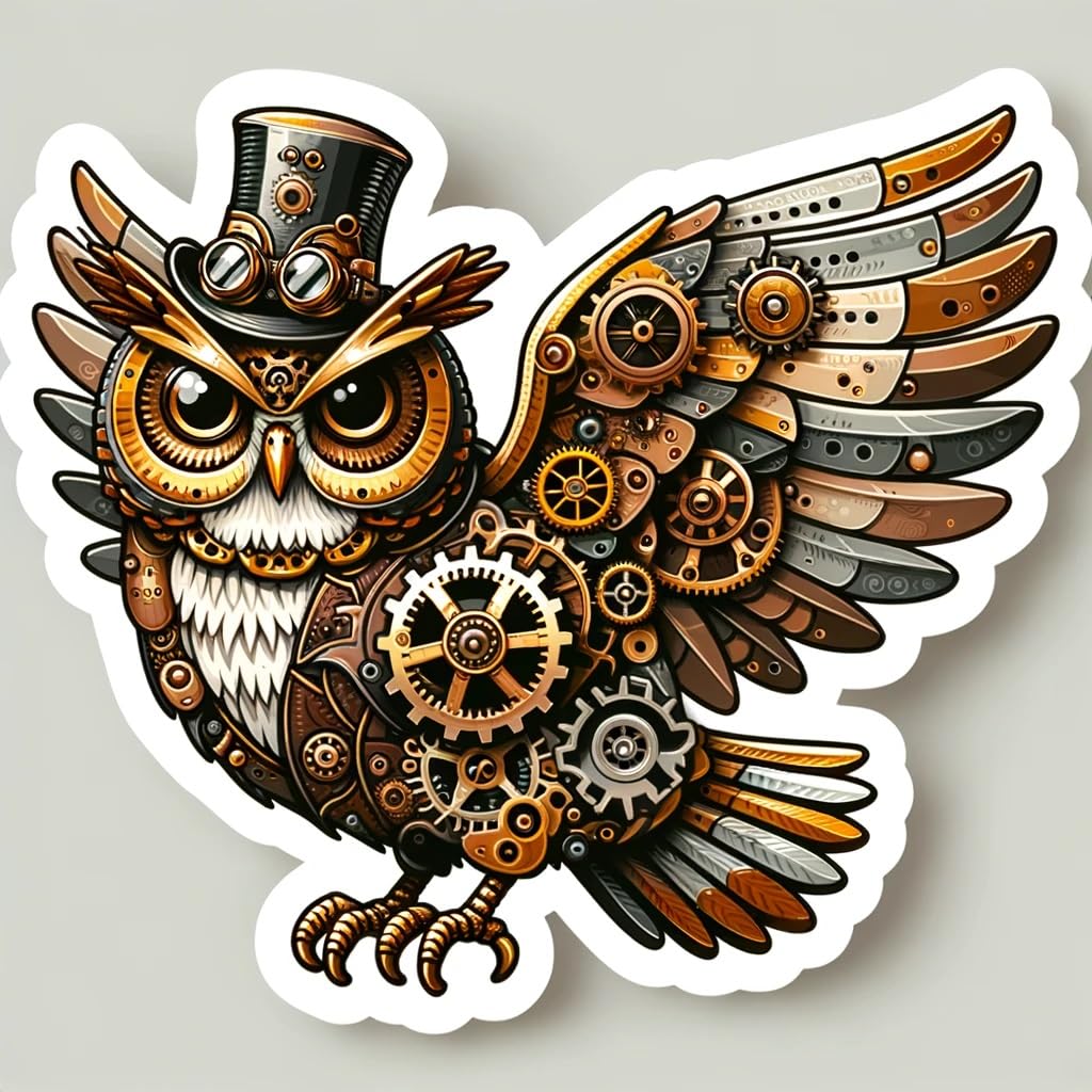 Vinyl sticker: Steampunk Owl Sticker Decal - Whimsical Design for Laptop, Wall, Car, Window, Bumper, Truck, Waterproof, Auto, Water Bottle (6)