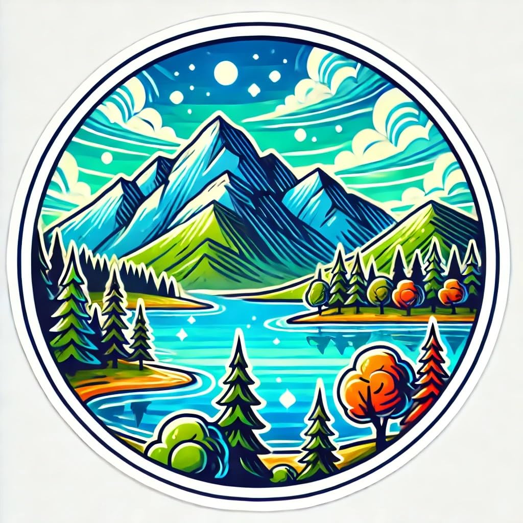 Vinyl sticker: Vibrant Mountains, Lake, and Forest Landscape Sticker for Laptop, Wall, Car, Window, Bumper, Waterproof Decal for Truck, Auto, Water Bottle