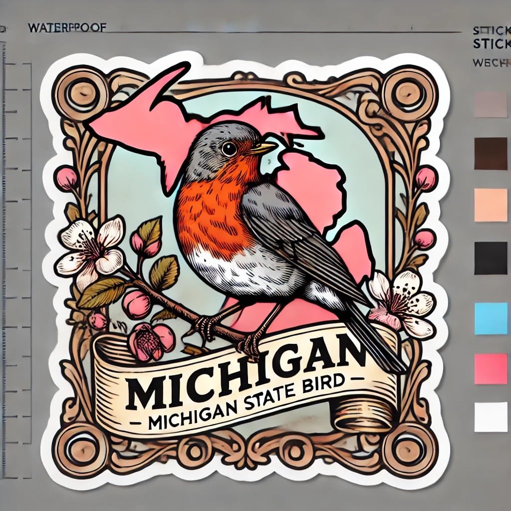 Vinyl sticker: Waterproof Auto Laptop Sticker of American Robin with Vintage Frame Window Wall Car Decal Michigan Bird Bumper Truck Water Bottle Symbolic Spring Design (4)