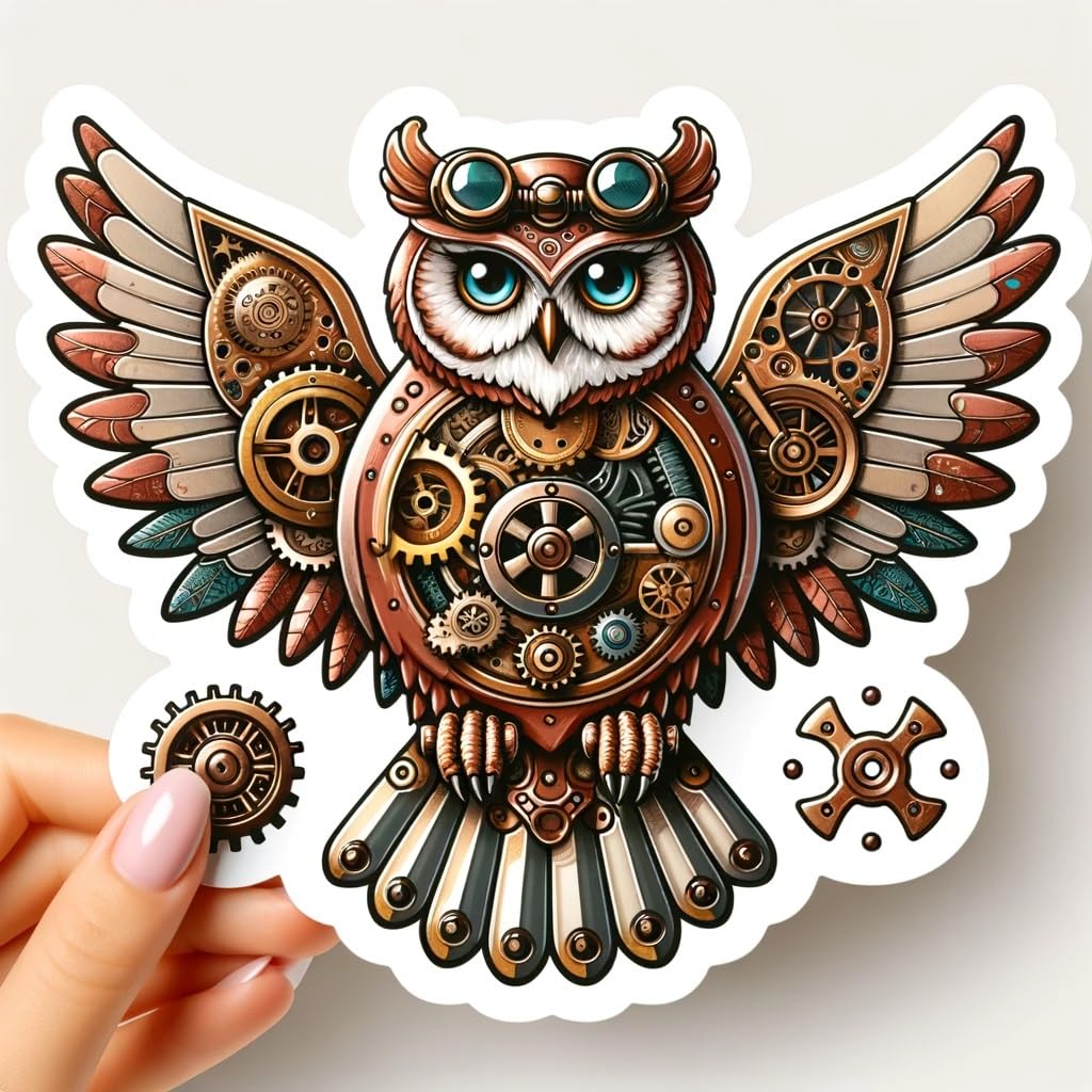 Vinyl sticker: Steampunk Owl Sticker Decal - Industrial Design for Laptop, Wall, Car, Window, Bumper, Truck, Waterproof, Auto, Water Bottle