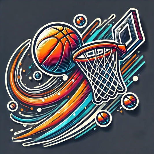 Vinyl sticker: Basketball Decal Sticker for Laptop, Wall, Car, Window, Bumper, Truck, Waterproof Auto, and Water Bottle - Dynamic Basketball Hoop and Ball in Bright Colors