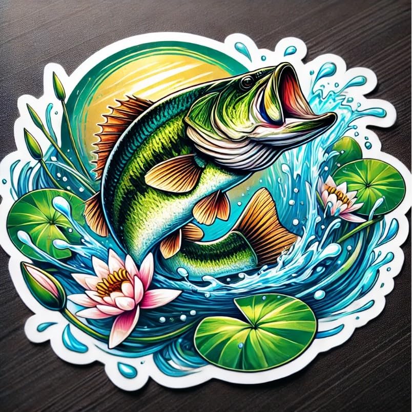 Vinyl sticker: Water Lily Pond Largemouth Bass Sticker for Car, Laptop, Water Bottle, and Bumper – Florida Fish Decal with Serene Splash Design, Waterproof and Durable (6)