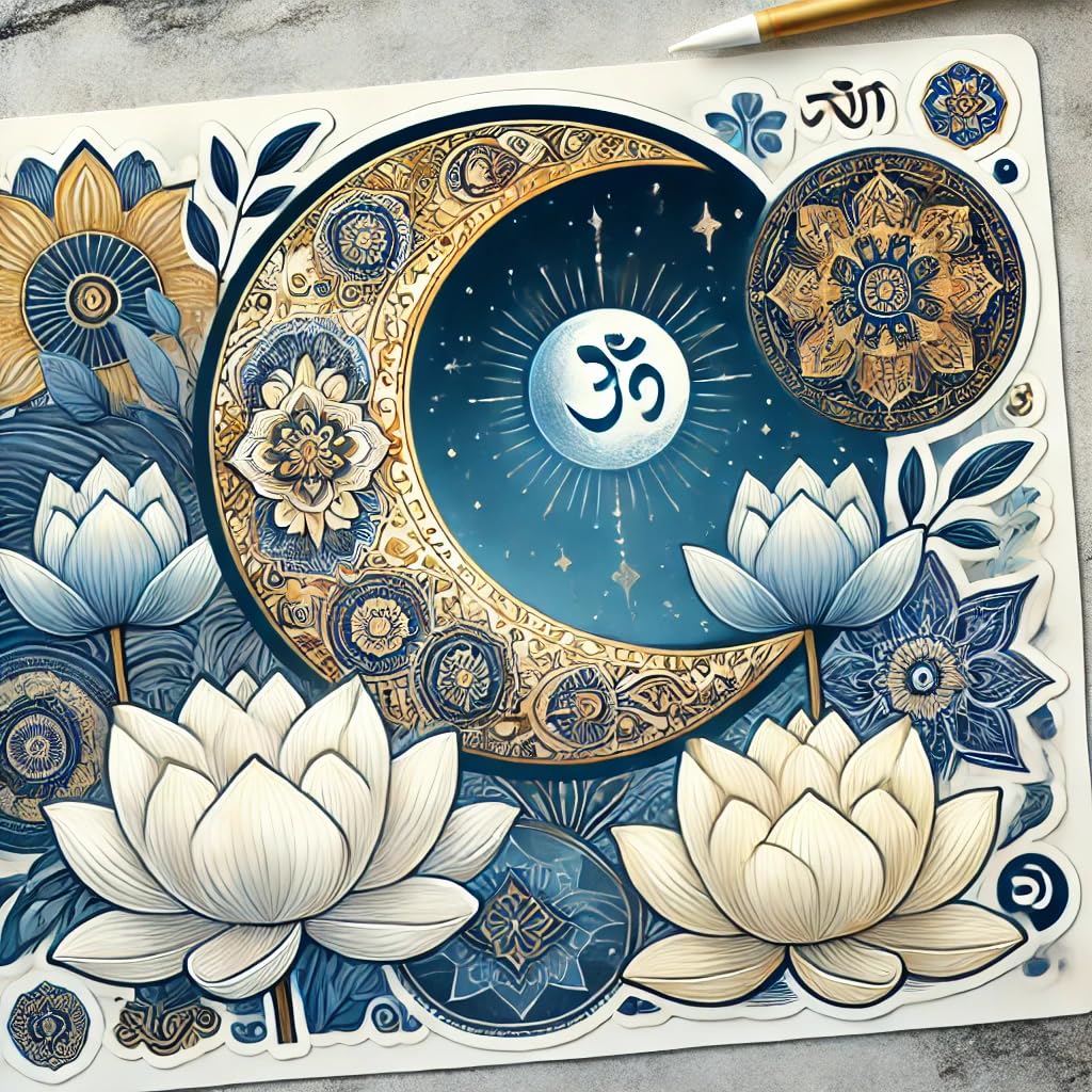 Vinyl sticker: Buddhist Crescent Moon Sticker Decal for Car, Laptop, Wall, Window, Bumper, Waterproof Vinyl Decoration with Clouds and Lotus for Meditation and Spiritual Decor