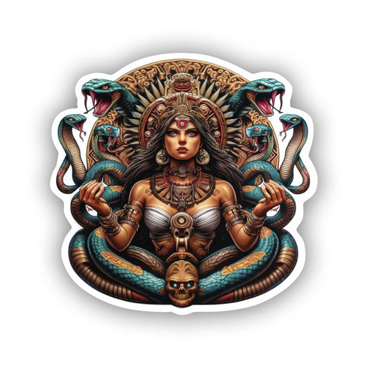 Vinyl sticker: Realistic Coatlicue Aztec Goddess Sticker for Car, Laptop, Window, Wall, Bumper, Waterproof Decal, Mythological Design